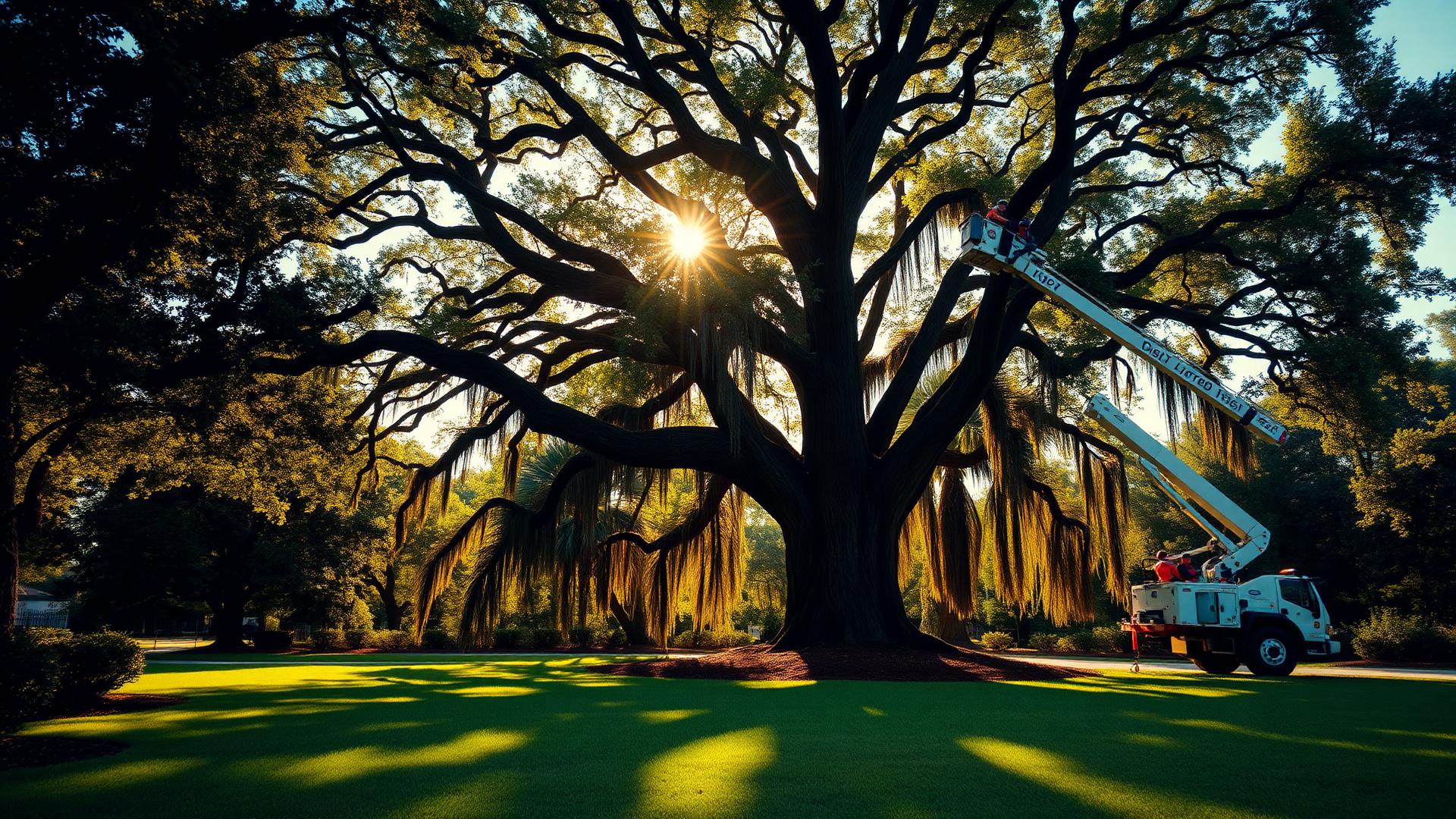 Professional tree care crew servicing a large oak tree